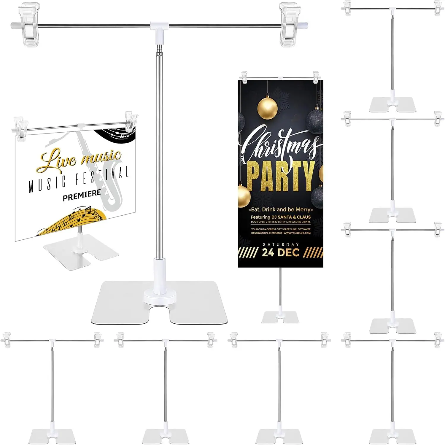 2 Pack Adjustable 11 in - 36.6 in High Metal Banner Holder Table Top Banner Display Poster Stand T Shaped Stand Desktop Business Poster Holder Advertising Sign Indoor Outdoor ( White)