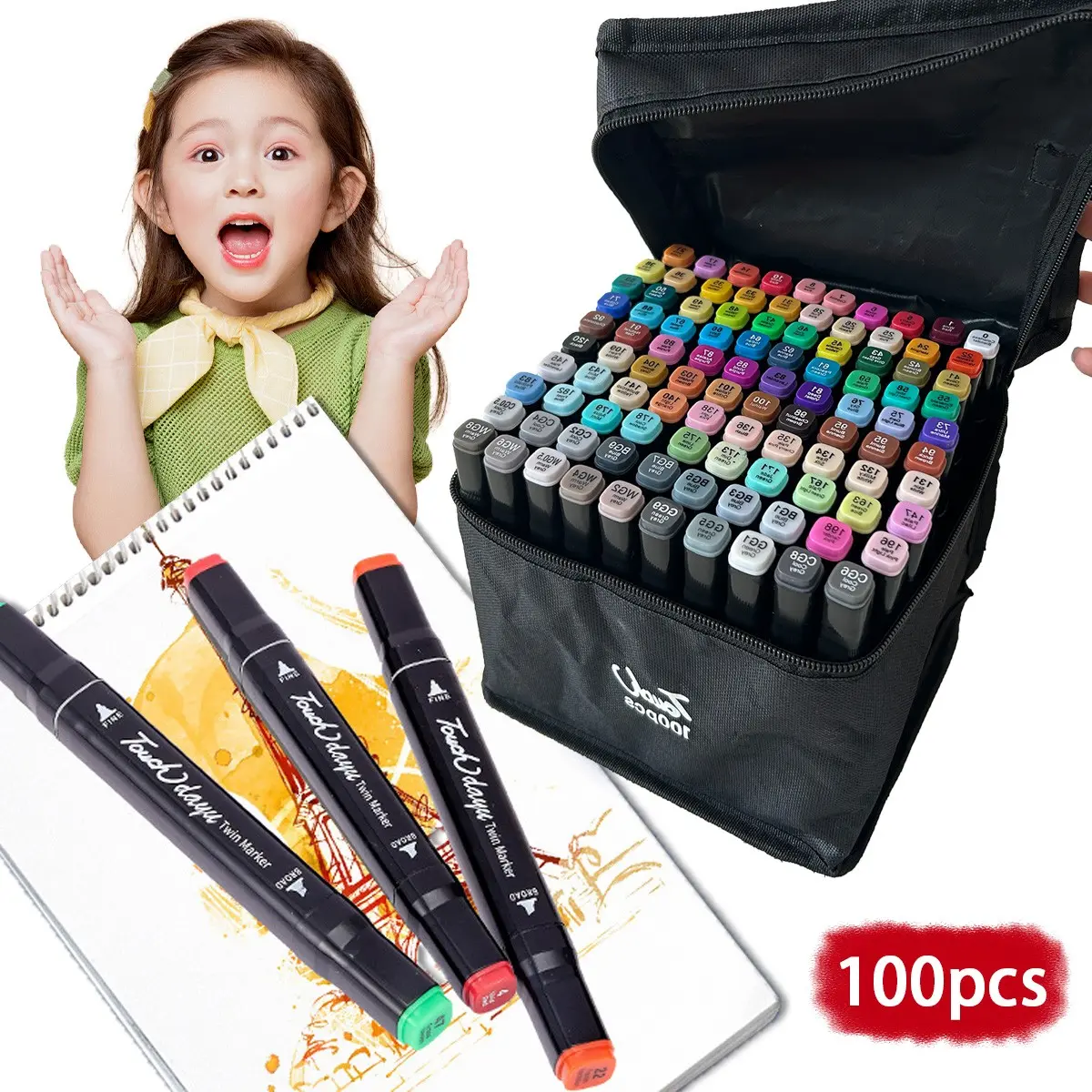 100-Piece Coloring Book Marker Set, Dual-Tip Brushes, Fine Tips, Bright Colors, Ideal for Drawing, Journaling, Art Projects, Includes Storage Box