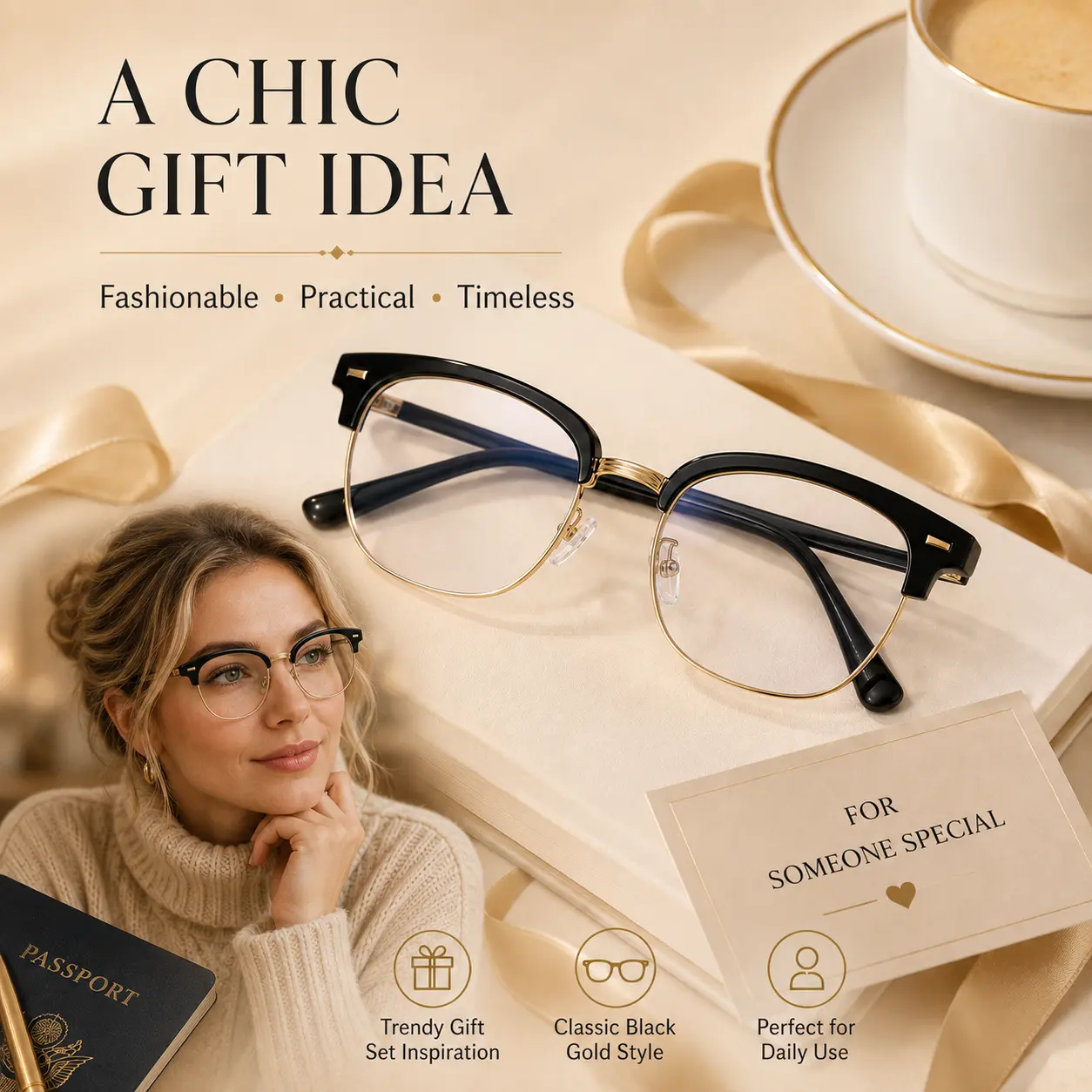 Blue Light Glasses Men, Photochromic Transition Lenses, Black Gold Square Frame Eyeglass, Fashion Frames for Women and Men, Classic Chic Minimalist Eyewear, Summer Outfit, Travel Essentials