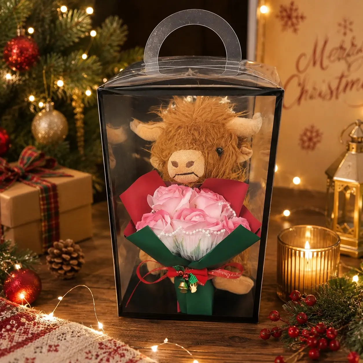 Christmas Highland Cow Plush Gift Box with Artificial Rose Bouquet, Cute Stuffed Animal Christmas Gift for Girlfriend, Wife, Mom, Women, Xmas Birthday, Valentine's Day, Anniversary, Holiday Home Decor
