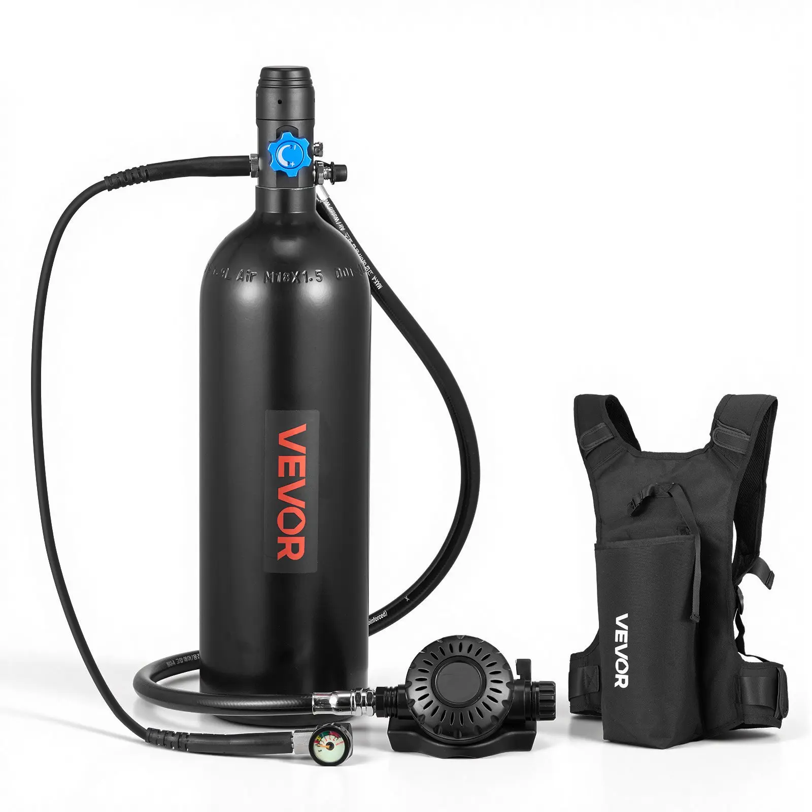 VEVOR 1.9L Mini Scuba Diving Tank - 1 High-Pressure Resistance Oxygen Cylinder, Easy Refilling & Reusable, 35-Min Dive Time, Emergency Rescue Pony Bottle with 1 Backpack for Snorkeling, 1 Oxygen Cylinder, Diving Tanks