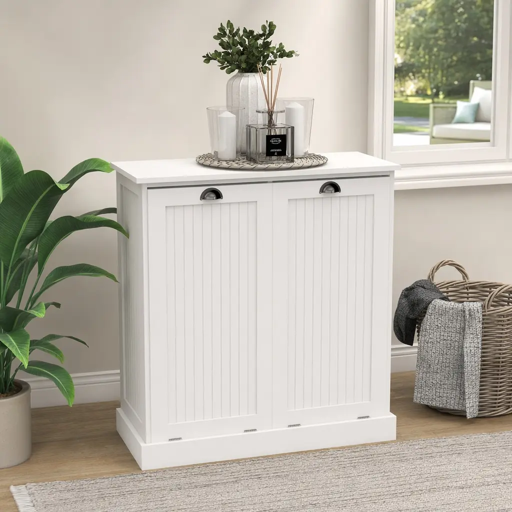ARCH Two-Compartment Tilt-Out Laundry Sorter Cabinet with Removable Bags, White MDF Storage Cabinet for Laundry Room, Bathroom, or Bedroom, 14.57W x 32.68D x 31.50H in, Easy Assembly, White Color Options, MDF Material, Product Dimensions: 14.57 W x