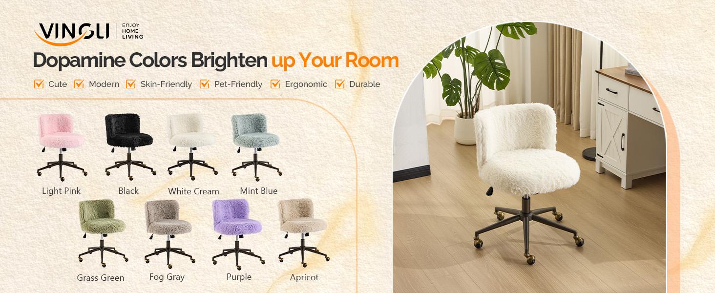 VINGLI Plush Upholstery Vanity Desk Chair with Curved Back & 90-102° Tilt &Adjustable Height, Cute Rolling Chair with Bronze Base & Golden-Bronze 360° Swivel Wheels for Makeup &Home Office,White Cream