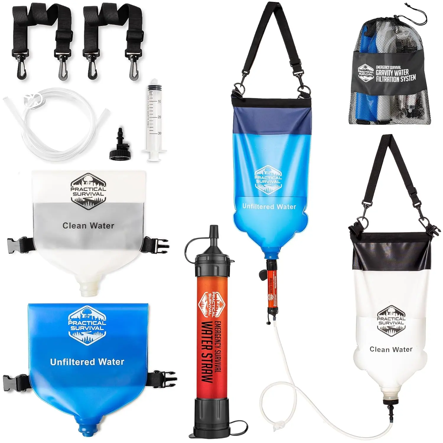 Gravity Water Filtration System – 2 High Capacity Lightweight Hanging Bags  Backpacking, Camping, Survival, Hiking, Hunting - Dirty, Clean Water Bags, Water Filter and Cleaning Plunger Included