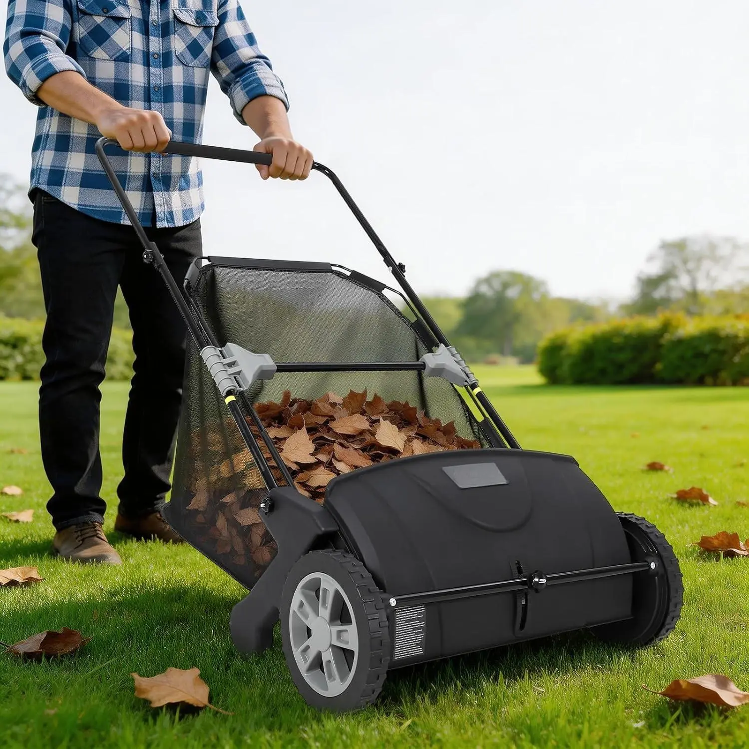 21-in Thickened Steel Heavy Duty Lawn Sweeper for Backyard Leaf Cleanup, 3.5 Cu.Ft Mesh Hopper Bag Grass/Concrete Collector, Durable Stand-Up Storage, 30-Day Money-Back Guarantee
