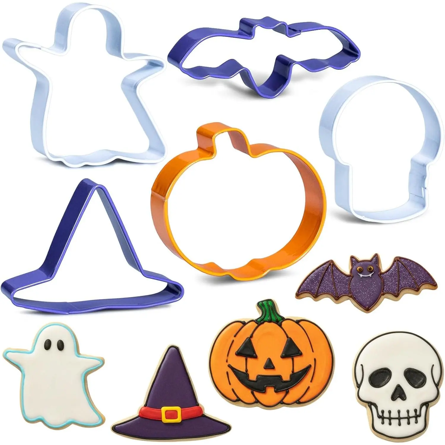 Halloween Cookie Cutters, 5- Small Metal Cookie Cutters, Stainless Steel Halloween Baking Supplies, , Bat, Skull, Pumpkin, 's Hat