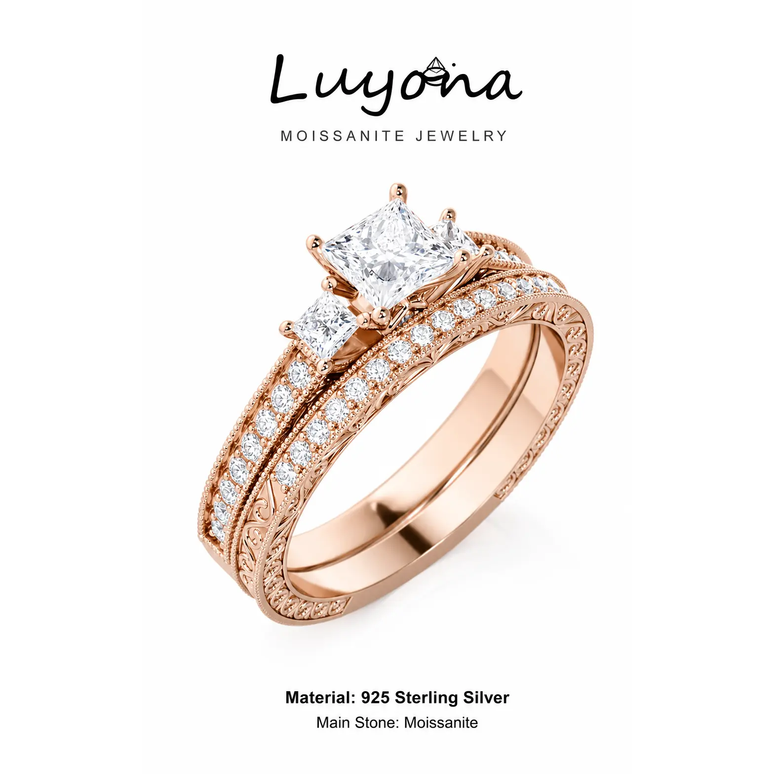 LUYONA Women's 925 Sterling Silver Wedding & Engagement Ring Set - 3 CT D Color VVS2 Princess Cut Moissanite Crystal Bridal Jewelry Wedding Rings Elegant Ring