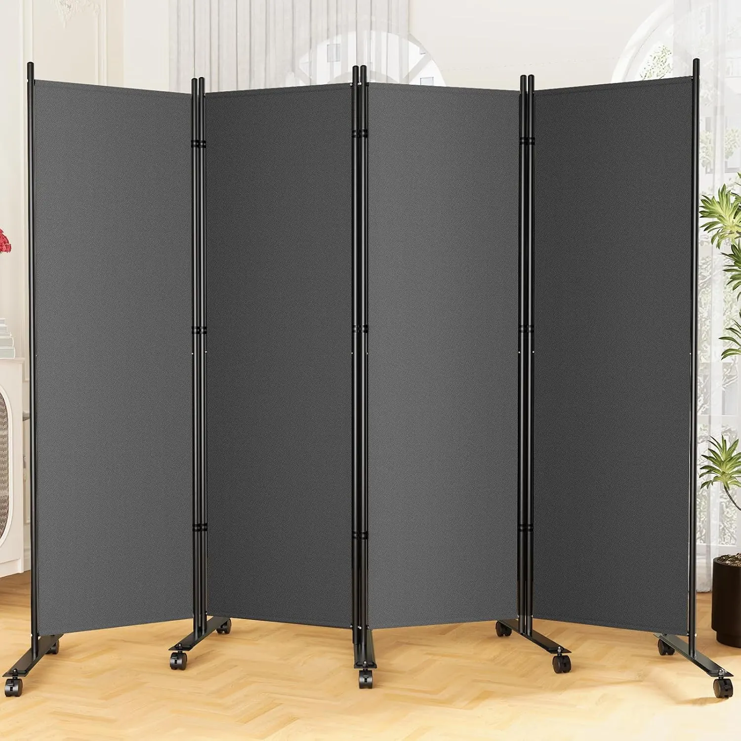 Room Divider  Screens, 4 Panels Dividers with Wheels, Grey | 88" W Room Separator for Space Partition with Lockable Wheels, 6FT Folding Fabric Wall Dividers for  Dorm Studio Office
