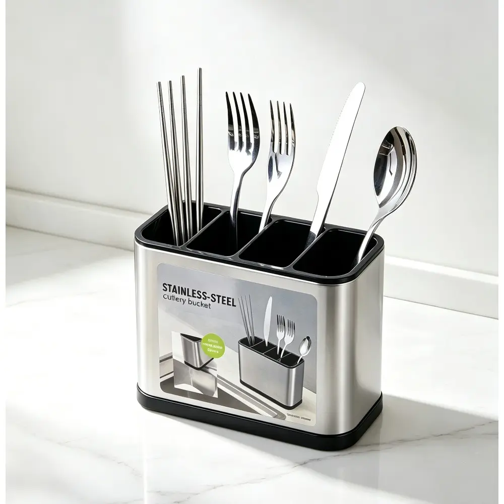 Stainless Steel (Alloysteel) Kitchenware Container, 4-Slot Cutlery Organizer with Removable Drain Tray, Rustproof Silverware Caddy, Large-Capacity Home Storage for Forks, Knives, Spoons & Chopsticks