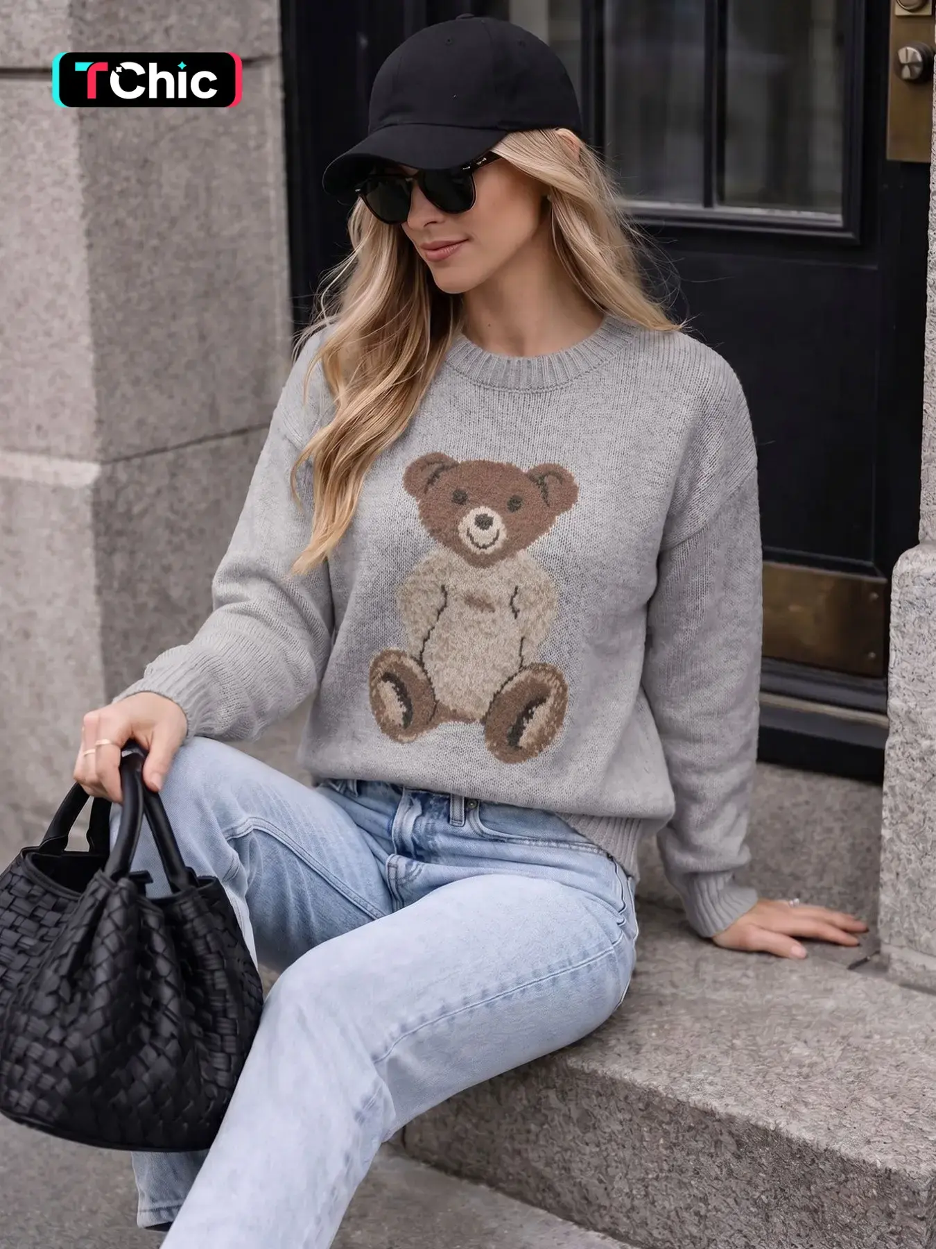 Women's Round Neck Solid Color Bear Print Long Sleeve Simple Loose Lazy Casual Fashion Everyday Cozy Knitwear Knit Pullover Top – Fall/Winter Commute Essential Versatile Pullover Sweater Knitwear