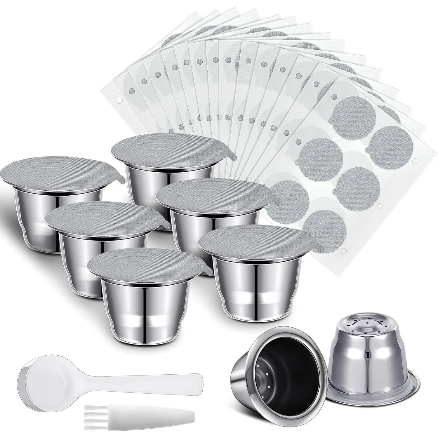 Reusable Espresso Capsules Stainless Steel Refillable Coffee Pods Reusable Espresso Pods with Aluminum Foil Seals Stickers Lids Compatible with Nespresso Machines (6 Cups, 204 Lids)