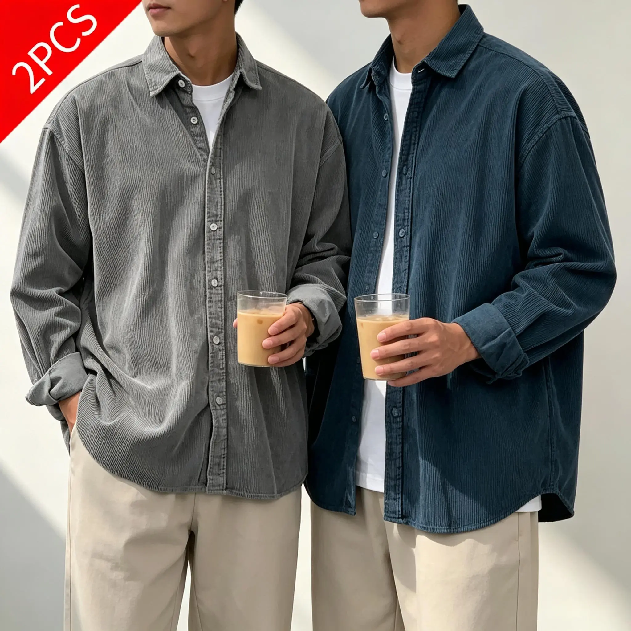 2-Pack Men's Corduroy Shirt Best-seller– Long-Sleeve, Trendy, Loose-Fit, Thick Autumn/Winter Outerwear, Men's clothing suitable for streetwear and everyday wear.
