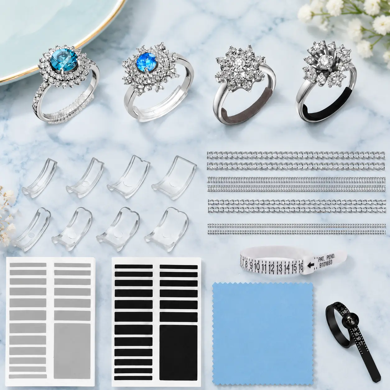 21Pcs Invisible Ring Size Adjuster for Loose Rings, Unisex Ring Tightener with Inserts, Spirals & Sizing Strips, Reduce Ring Size 0.5–1 Sizes, Fit 1-10mm Wide Ring Bands, Anti-Spin Ring Resizer