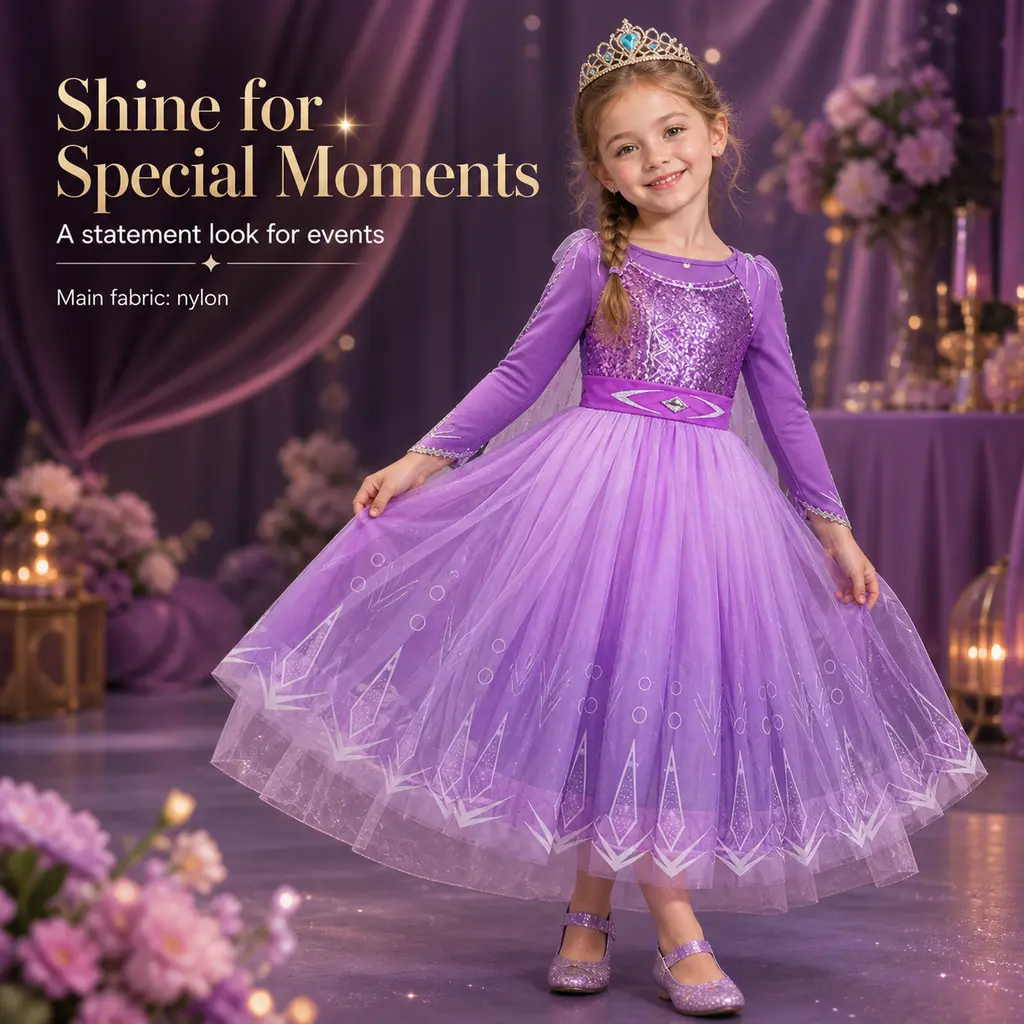 Girls' Purple Elsa Princess Costume Full-Accessories Set, Long-Sleeve Tulle A-Line Kids' Party Gown