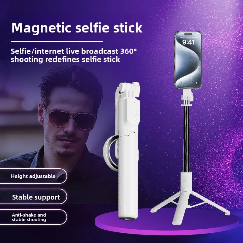 Magnetic Selfie Stick Tripod - 360-Degree Rotation, Stainless Steel, Bluetooth Remote, Lightweight Stick, MagSafe-Compatible Phone Holder for Travel, Mobile Cellphone Smartphone Accessories