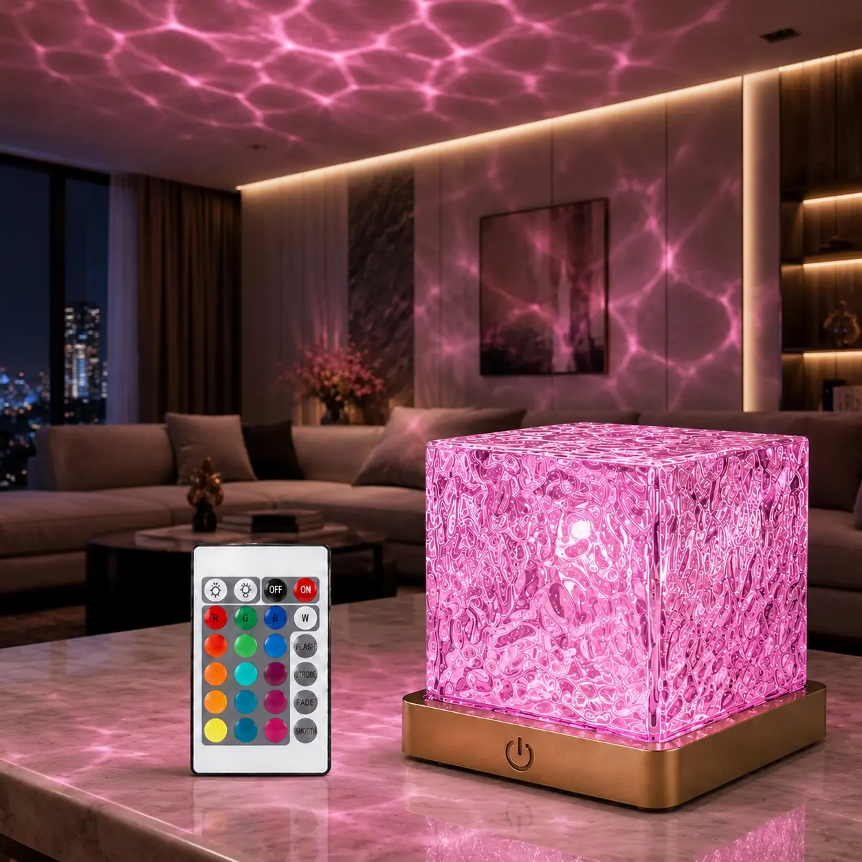 16 Colors Water Ripple Projector Light, Rotating Ocean Wave LED Table Lamp with Remote Control, USB Powered Dimmable Night Light for Bedroom, Living Room and Party Decor