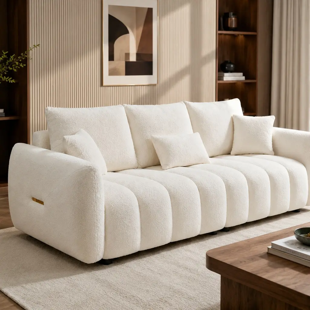 ARCH 79.5" Premium Teddy Fabric 3-Seater Sofa, Oversized Upholstered Couch with 3 Back Pillows and 3 Back Cushions, Solid Wood Frame, Beige/Black/Green Options, 1/3/4/5/6/7 Seat Configurations