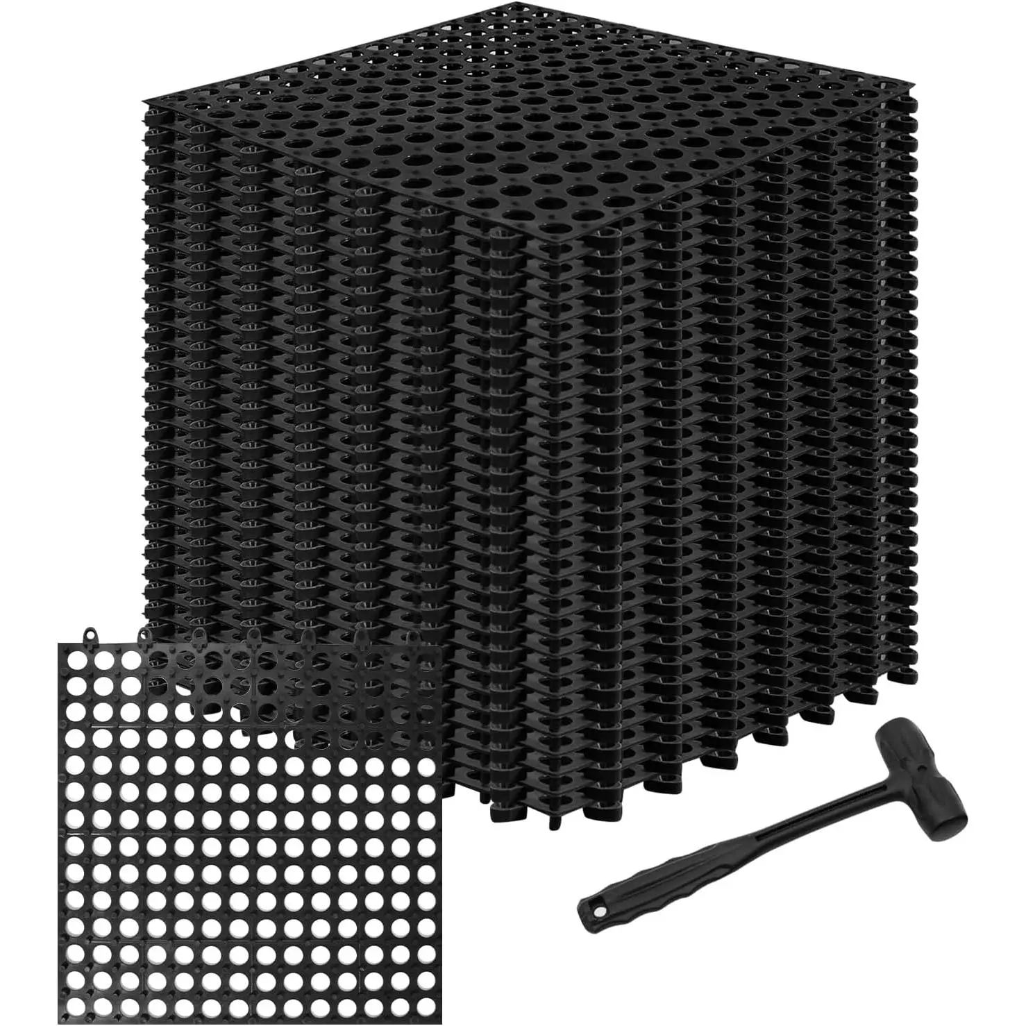 24 Pack Garage Floor Tiles, 12x12 Inch Interlocking Drainage Tiles Non-Slip Deck Tile with Holes for Bathroom, Pool Deck, Gym, Garage, Kitchen & Wet Areas, Easy Splicing Anti-Fatigue Mat, Black (24)