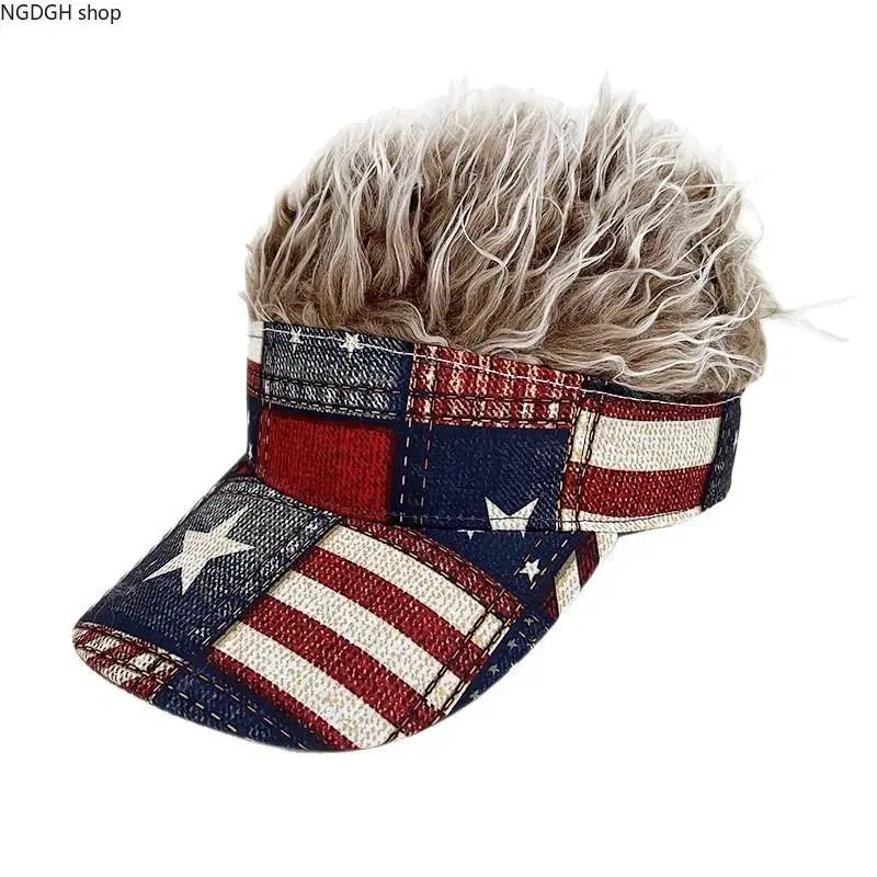 USA Flag Visor Hat with Funny Fake Hair, Novelty Gag Cap for 4th of July Party, Summer BBQ Costume Accessory, Tie Dye, Engagement, Funny Hat, Christmas, Graphic, Barbecue, Casual, Pvc, Anniversary