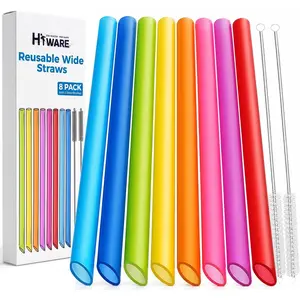 8 Pcs Reusable Angled Tips Jumbo Wide Boba Straws, Multi-Color BPA Free Food-Grade Tritan Plastic Straw for Bubble Tea Milkshakes Smoothie with 2 Cleaning Brushes