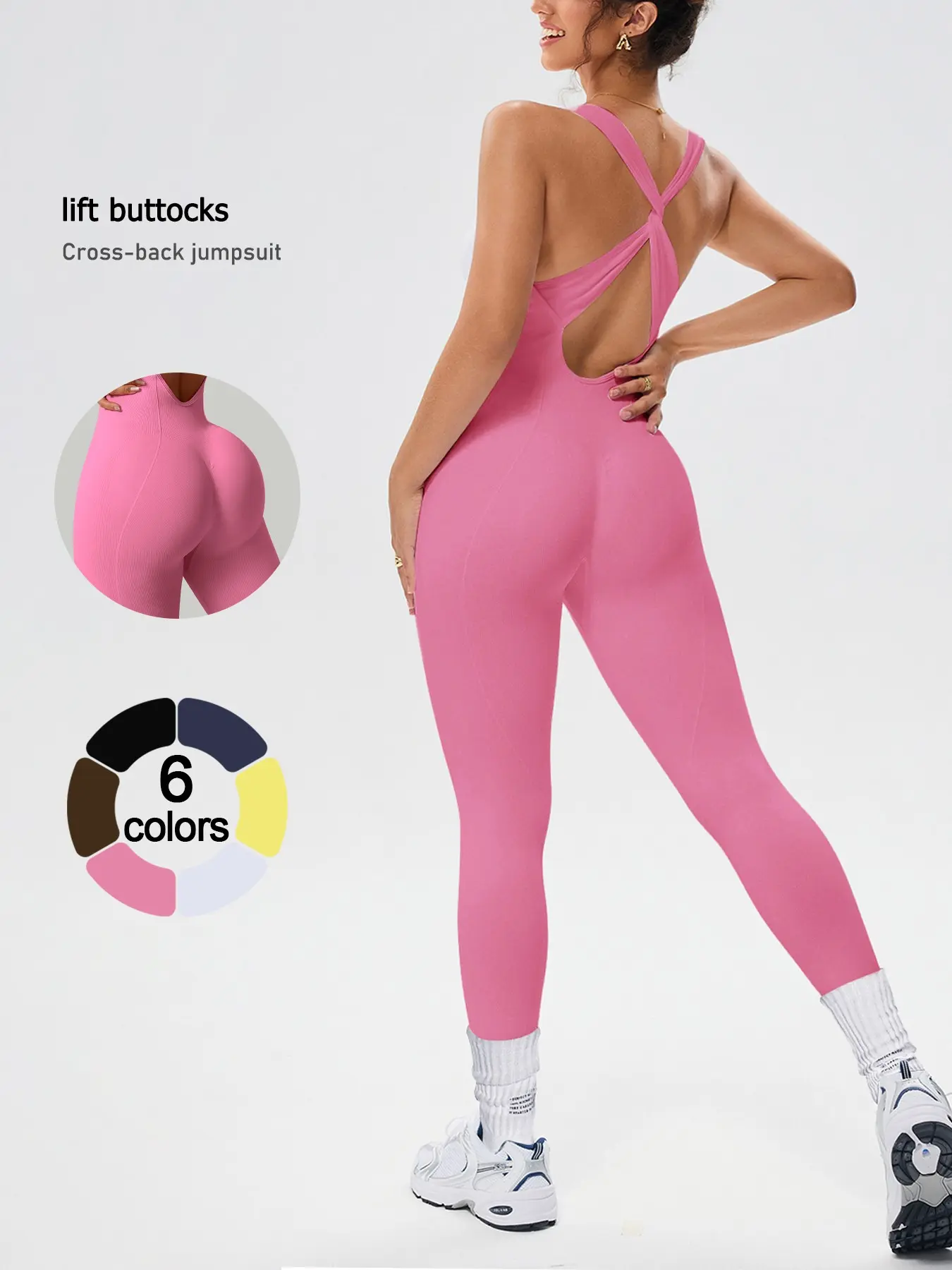 Women's Seamless Ribbed Athletic Jumpsuit, Sporty Cross-Strap Jumpsuit with Removable Pads, Durable High-Stretch Fabric, Activewear Sportswear Jumpsuits