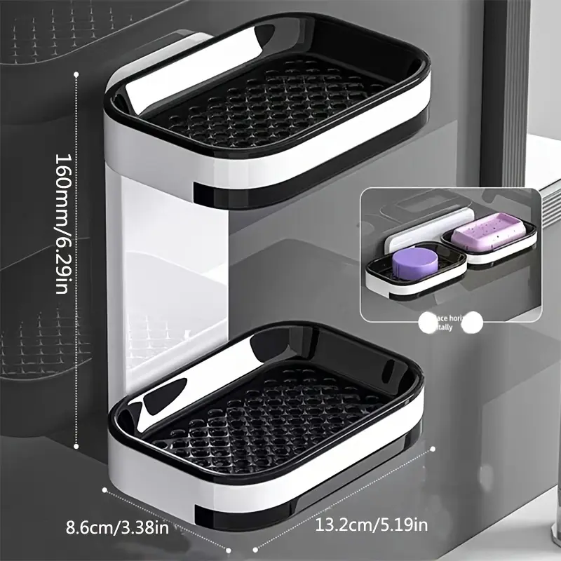 Double Wall-Mounted Soap Box with Drainage - Innovative Upgrade, No Drilling Installation, Plastic Square Design for Bathroom and Shower Storage, Double Layer, Soap Dish with Drainage