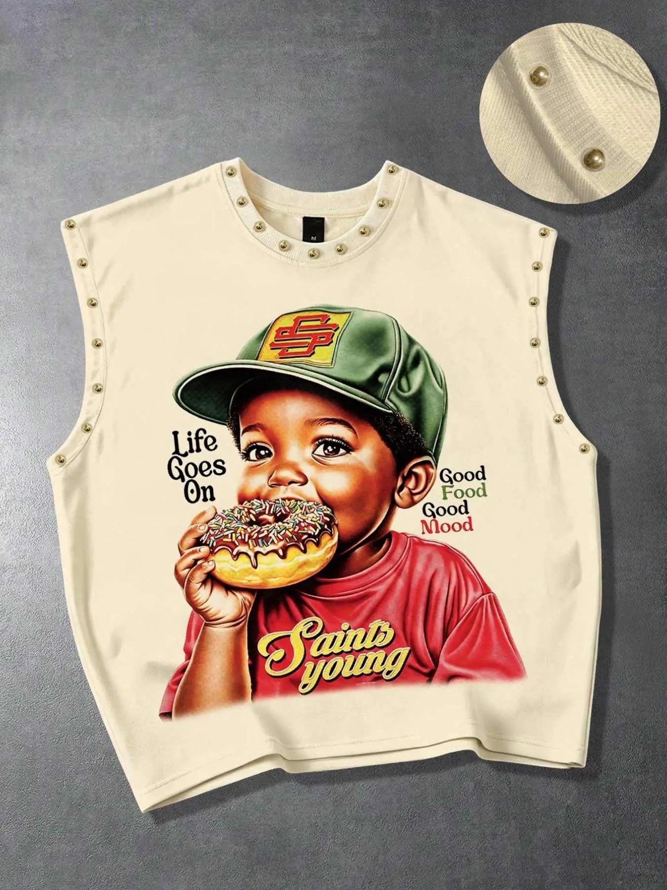 Retro Donut Fun Cartoon Graphic Print Sleeveless Vest, Trendy Street Punk Heavy Metal Rivet Loose Tank Top, Unisex Y2K Streetwear for Daily Wear, Graphic Tank Tops