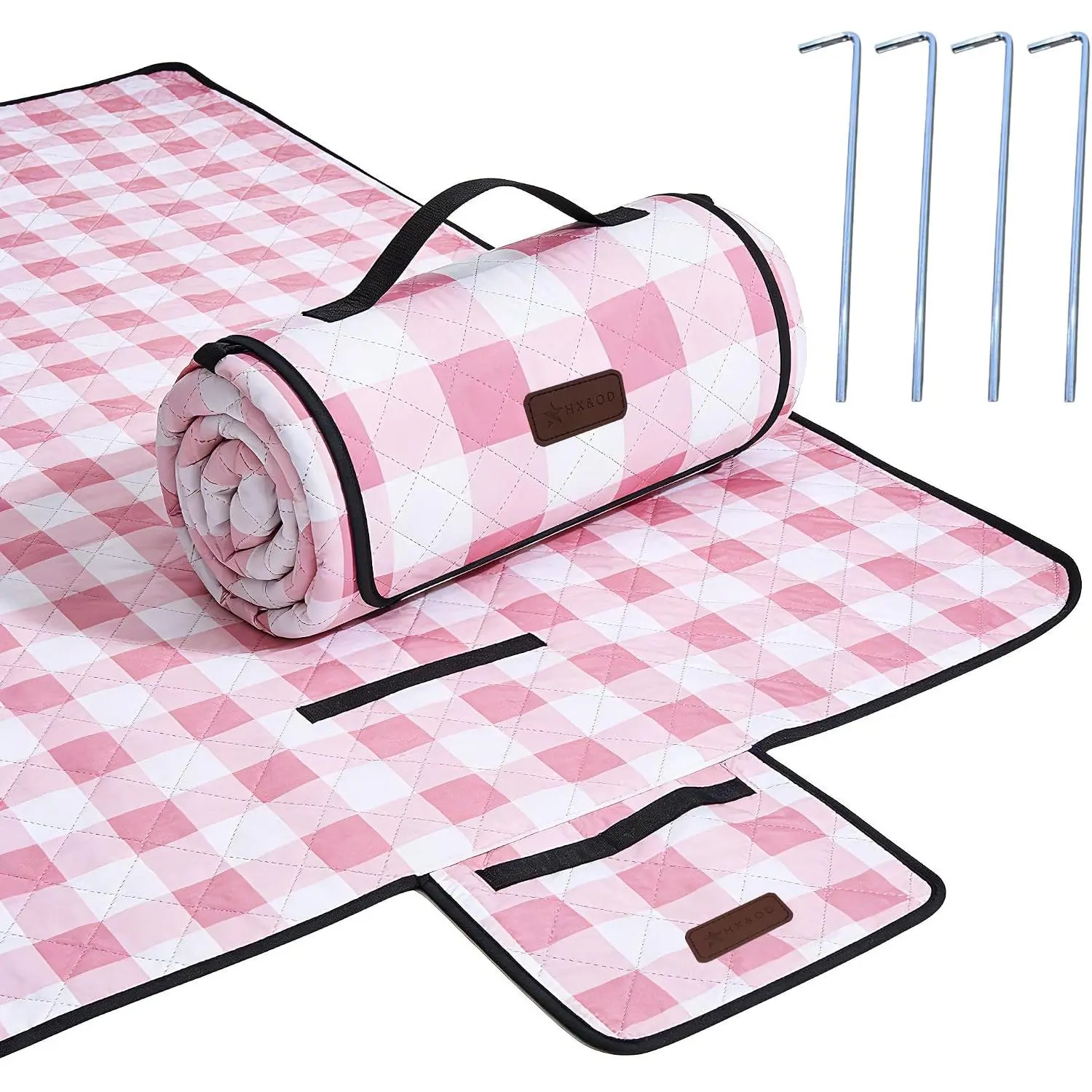 Gingham Outdoor Picnic Blanket - 80in x 80in Extra Large Waterproof Foldable Mat, Ideal for Beach & Camping, Cute Couple Accessory (Pink)