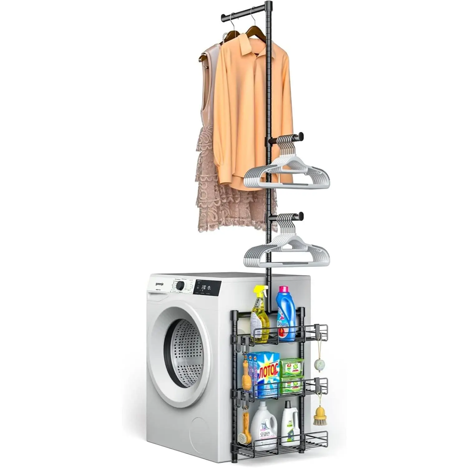 Laundry Room Shelves - Over the Washer and Dryer Storage Shelf, Laundry Hanging Rod with Basket and Hanger Organizer for Laundry Room Organization
