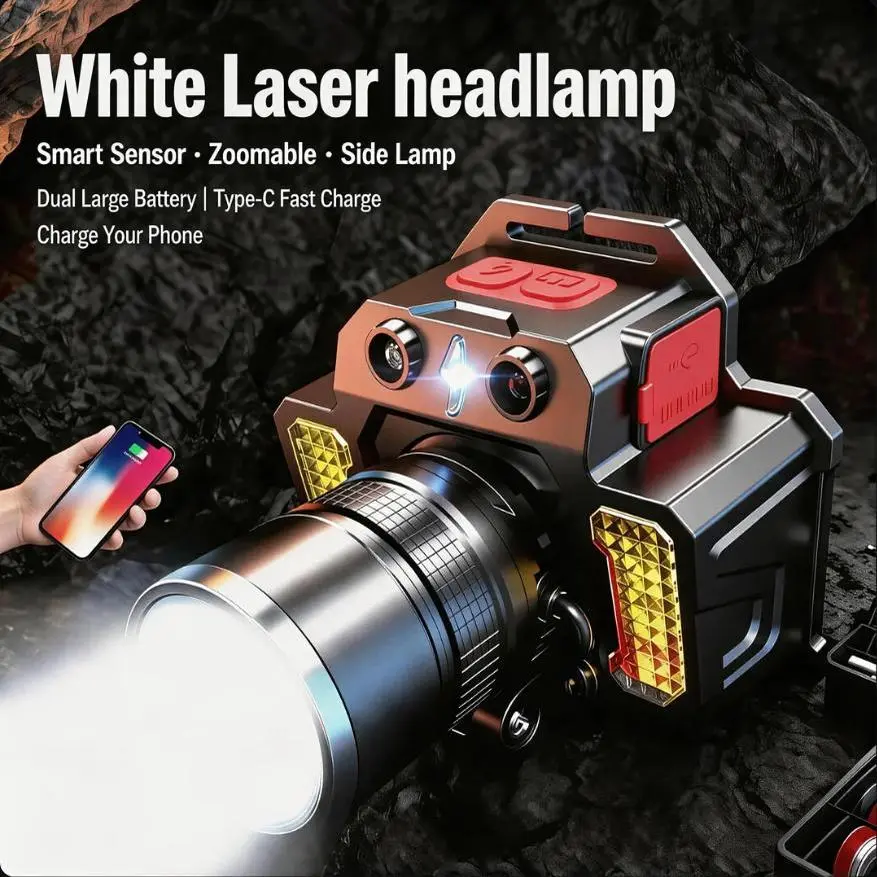 Rechargeable LED Headlamp with RGB Color Filters, Long Range Zoomable Headlight with Motion Sensor & Side Light, USB-C Charging Power Bank, 180 Degree Adjustable Head Flashlight for Camping Hiking Fishing