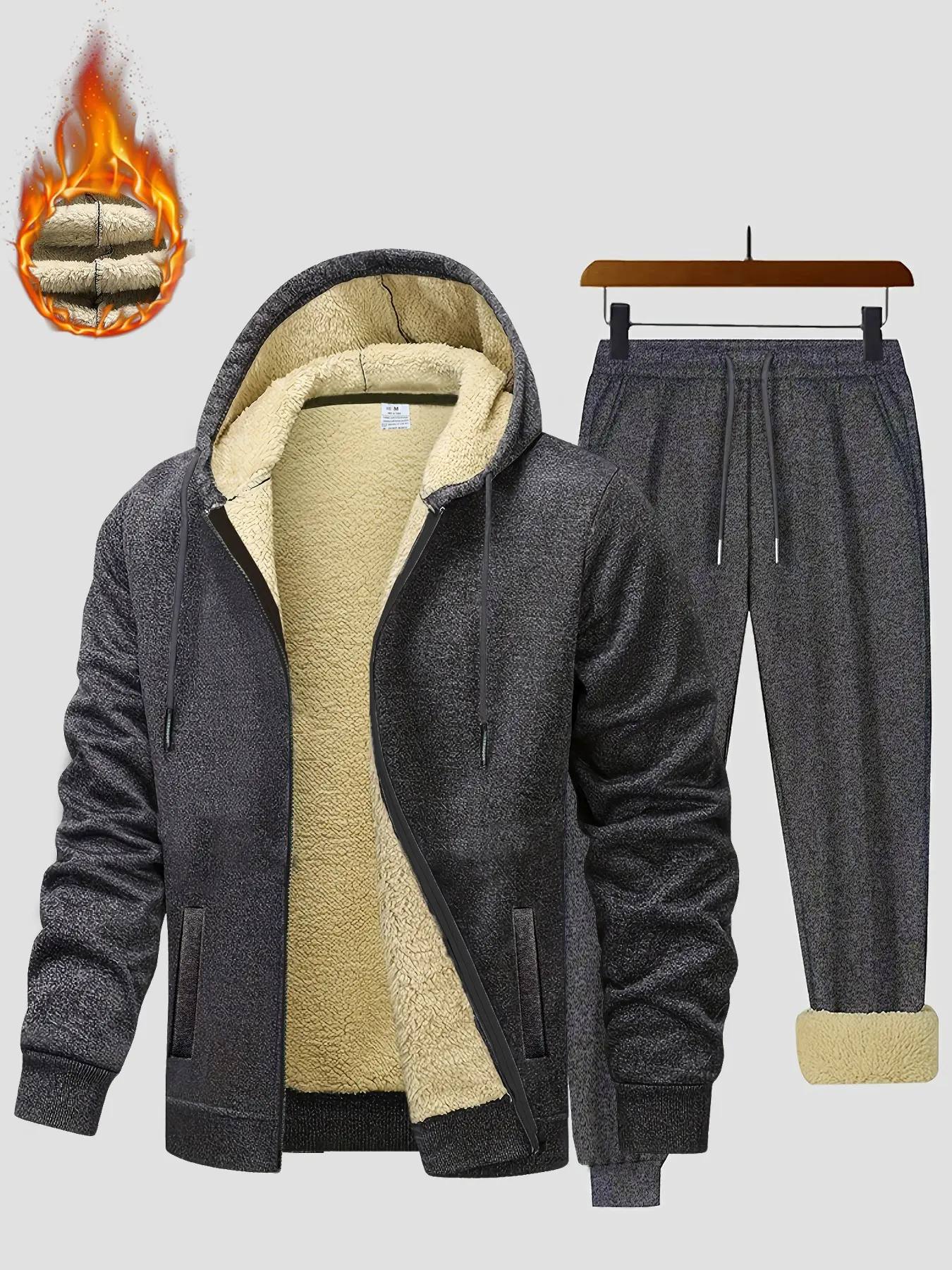 Men's Winter Warm Tracksuit, Zip‑Up Hoodie Jacket + Sweatpants 2‑Piece Set, Thick Sherpa Fleece Lined, Windproof Casual Daily Outfit