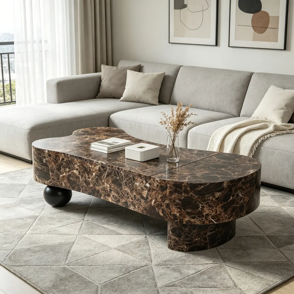 Contemporary Irregular MDF Coffee Table - Walnut Wood Texture Marble Look Tabletop, Hidden Storage Organizer, Fluted Detailing, Adjustable Floor Mount, for Living Room Indoor Furniture