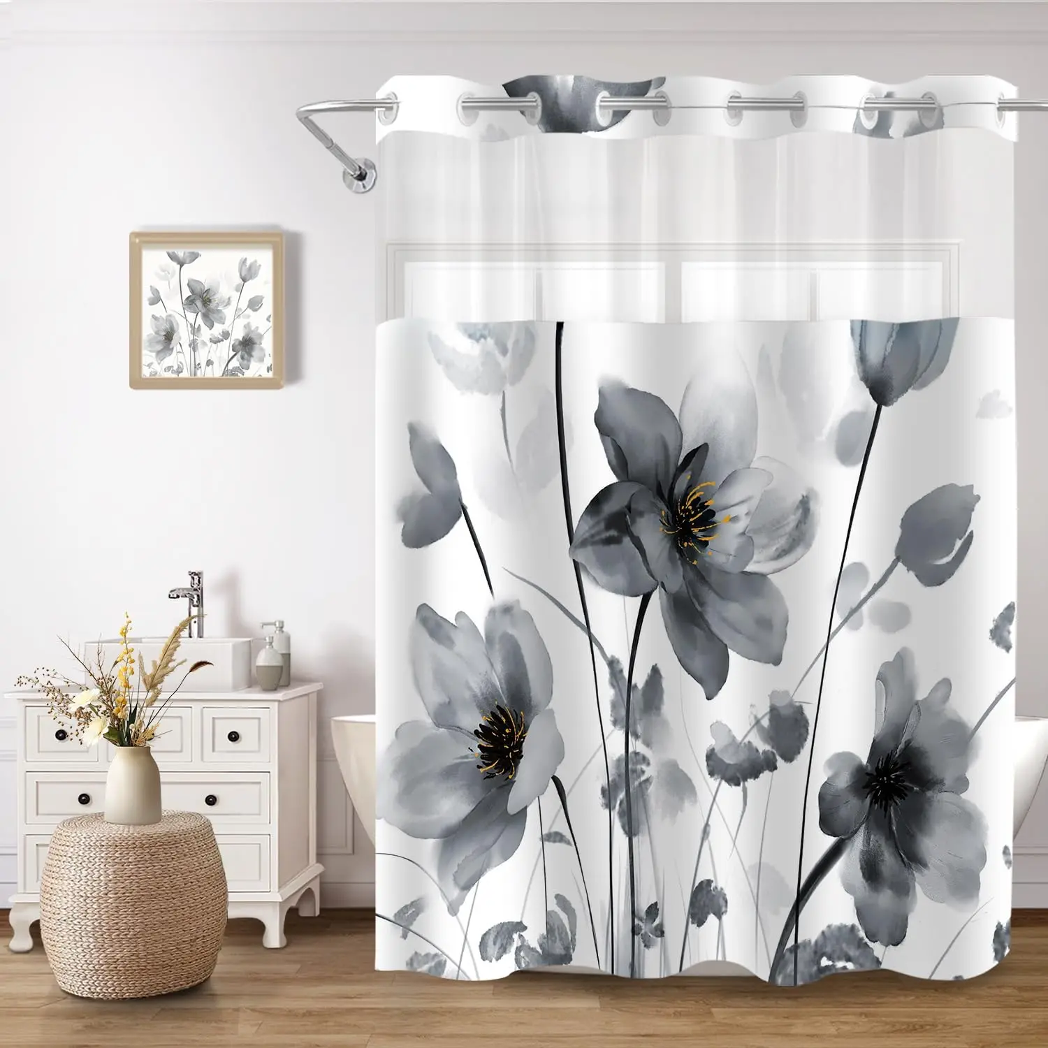 Black Boho Farmhouse Watercolor Floral No-Hook Shower Curtain with Snap-In Waterproof Liner Set, 71x74 Inch