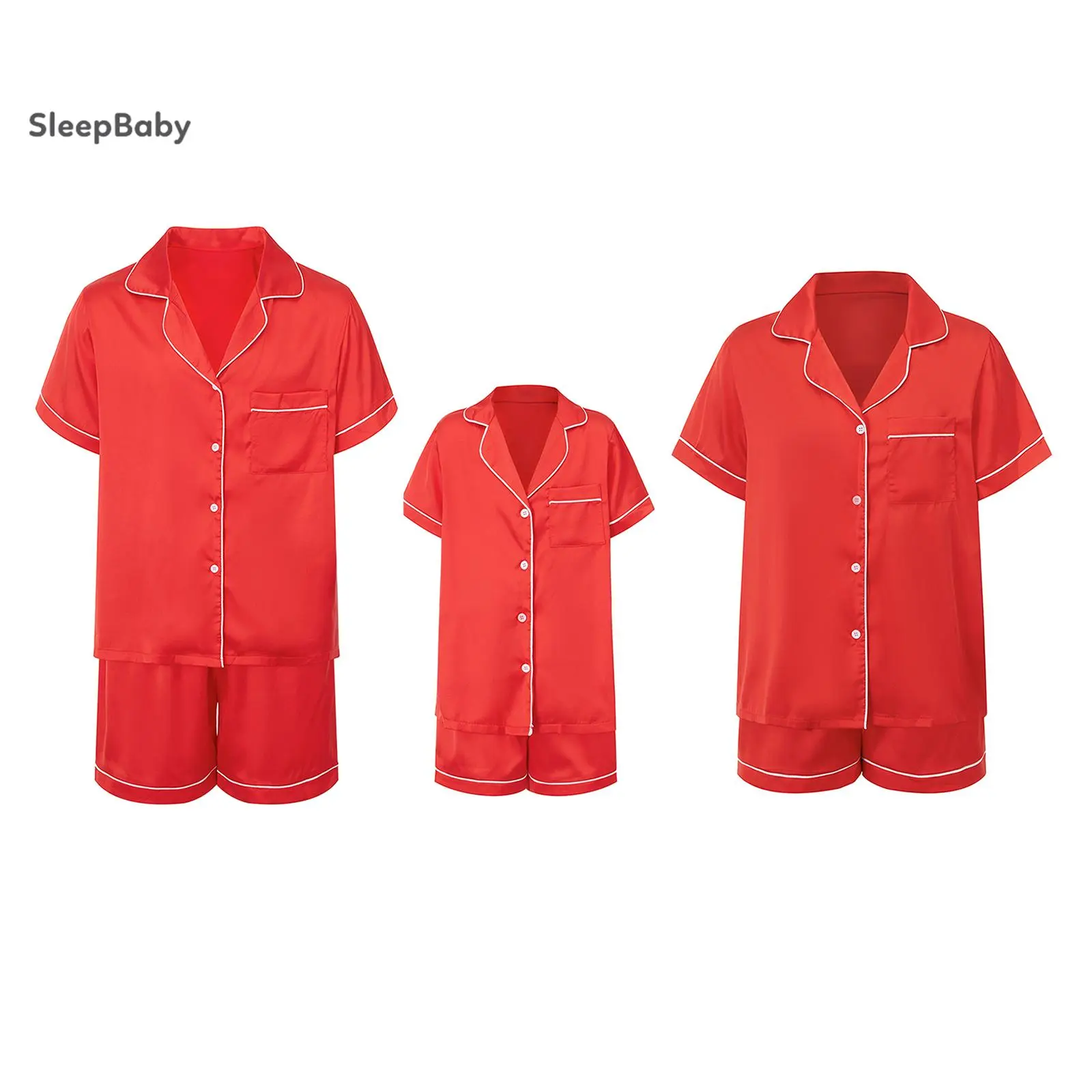 Family Matching Satin Pajama Set, Short-Sleeve Lapel Tops with Contrast Trim, Multi-Size Shorts Sleepwear (Baby & Maternity Gift Set), Shortsleeve