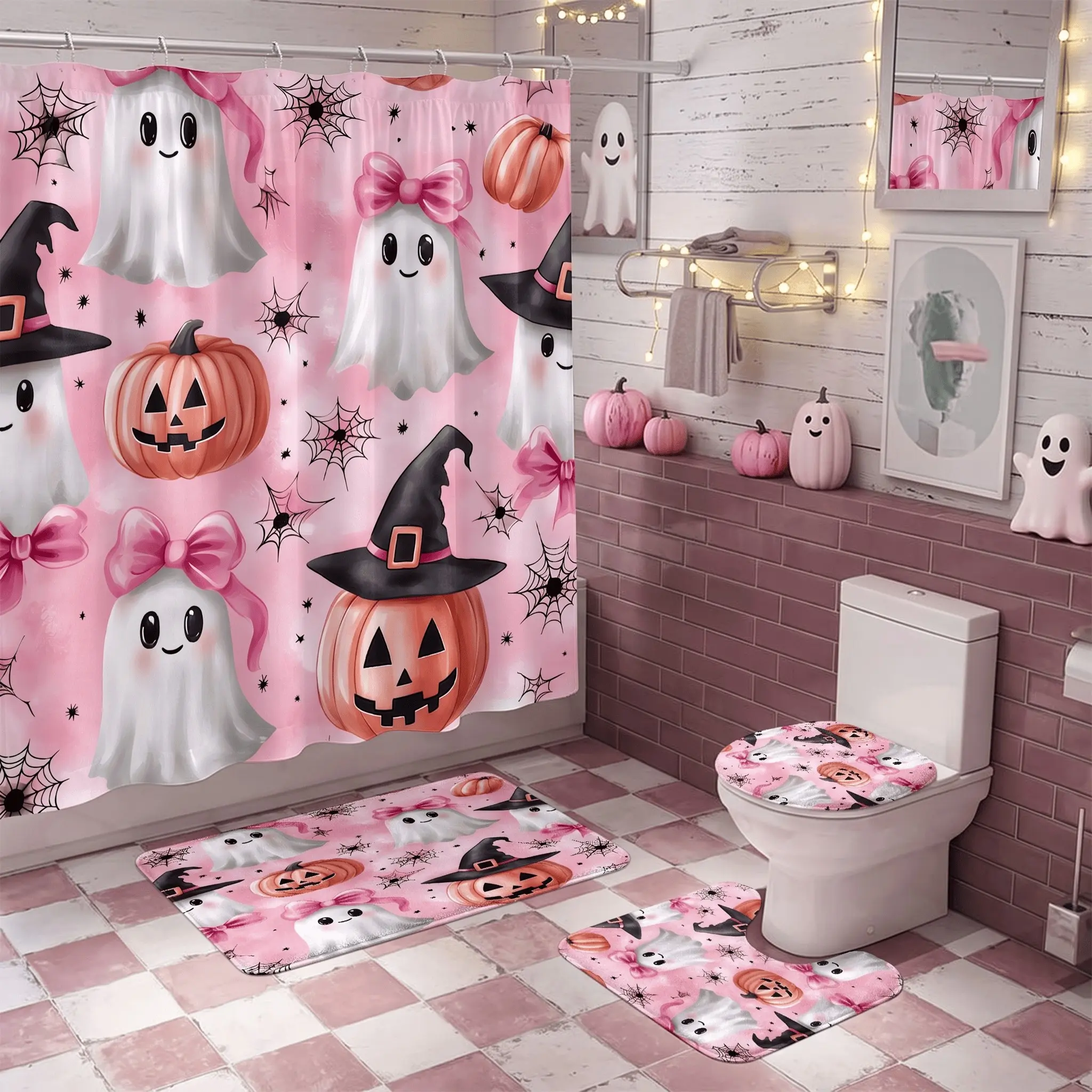 4pcs Pinkoween Pretty Shower Curtain Set, Cute Ghost with Bowknot, Halloween Decor, Bath Mat, Toilet Lid Cover, Spooky Cute Fall Halloween Decor for Bathroom