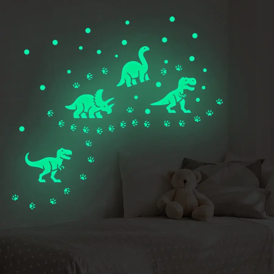 Night Glow Dinosaur and Footprint Decorative Wall Stickers, Self-Adhesive Removable PVC Decals, Home Decor for Bedroom, Game Room, Kids' Room, Living Room Ceiling, Unique Wall Decor