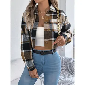 Women's Plaid Print Button Front Drop Shoulder Crop Jacket, Casual Long Sleeve Pocket Collared Outerwear for Fall & Winter, Ladies Clothes for Daily Wear