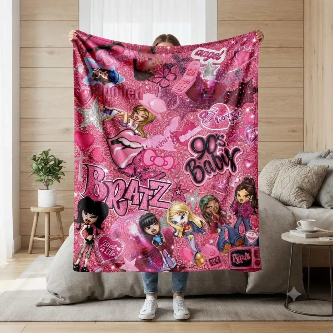 Pink Y2K Diva Flannel Blanket With Glitter Hearts, Butterfly And Disco Ball Print For Adults And Kids, Soft Warm Lightweight Cozy Throw For Bedroom Sofa Dorm, Party Sleepover Gift, Aesthetic Home Bedding