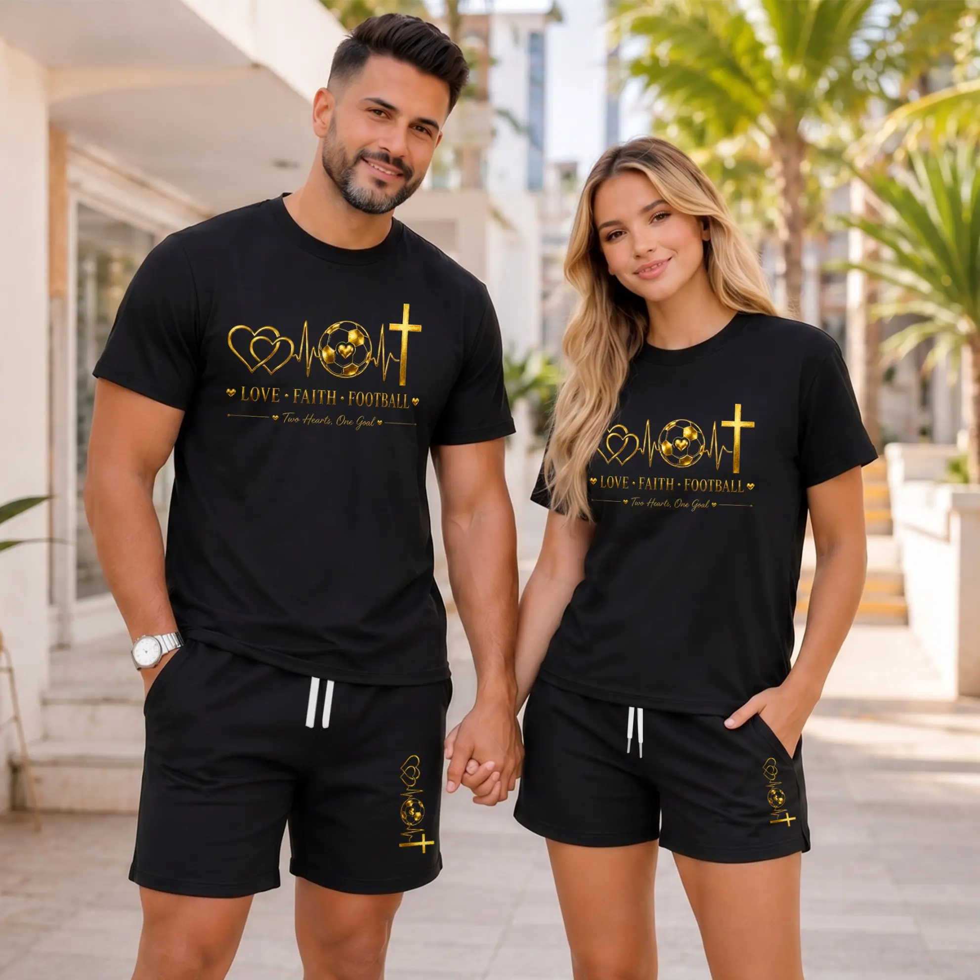 Couples Matching Football Graphic T-Shirt and Shorts Set, Gold Love Faith Football Print Two Piece Outfit, Casual Summer Short Sleeve Tee and Drawstring Shorts for Game Day, Streetwear, Vacation, Couple Photos, and Daily Wear