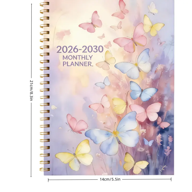 2026-2030 Five-Year Plan Calendar Notebook, dreamy purple butterfly floral design diary, Monthly Planner, covers a full 60-month schedule and yearly plans, with month tabs and holiday markings, 13.97 x 21.08 cm portable size