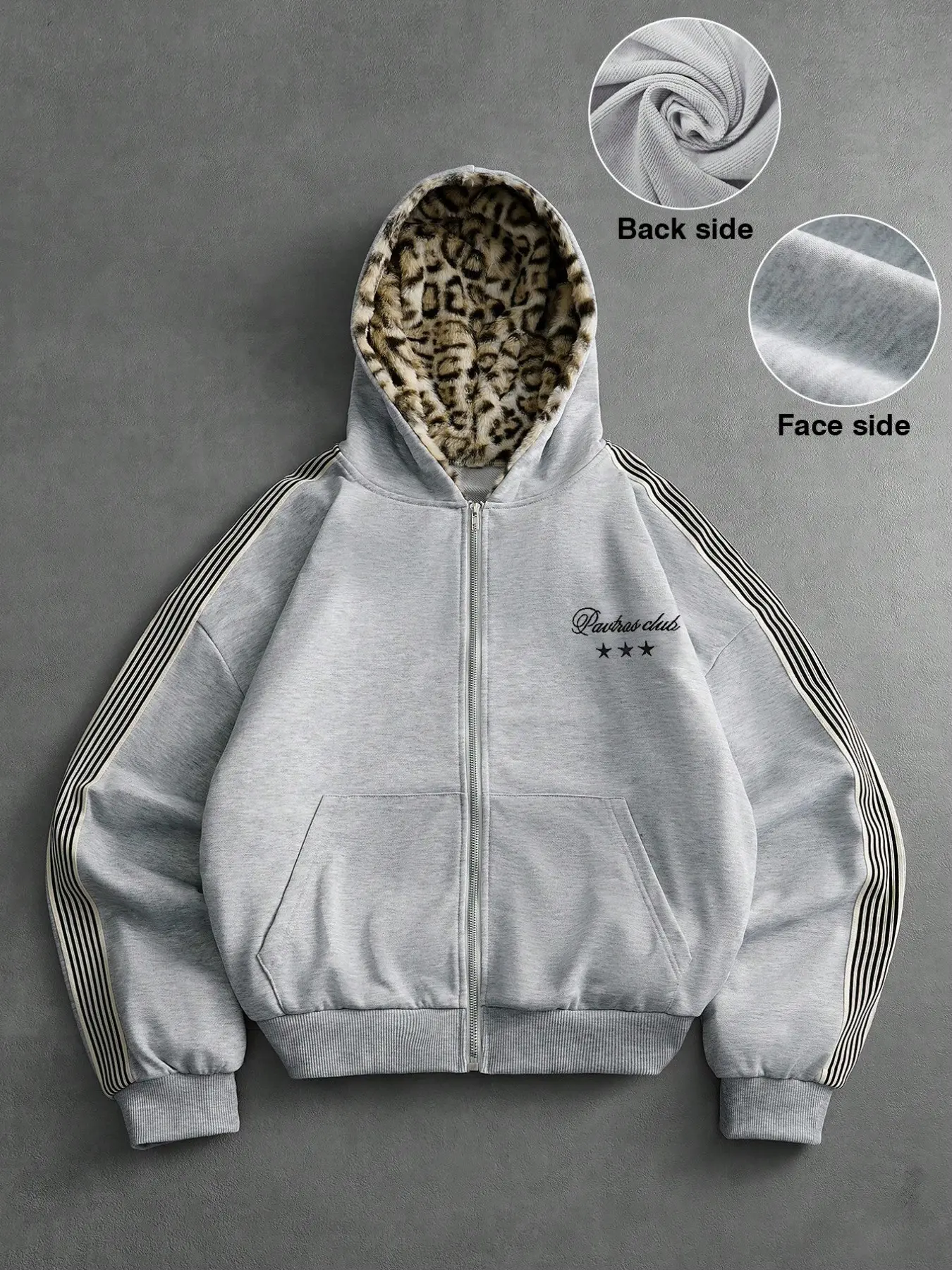 Men Heather Grey Zip Up Hoodie Jacket, Leopard Fleece Lined Hooded Coat, Striped Side Sleeve Embroidered Letter Zip Sweatshirt, Casual Vintage Streetwear Outerwear With Kangaroo Pocket For Daily Street & Fall Outfit