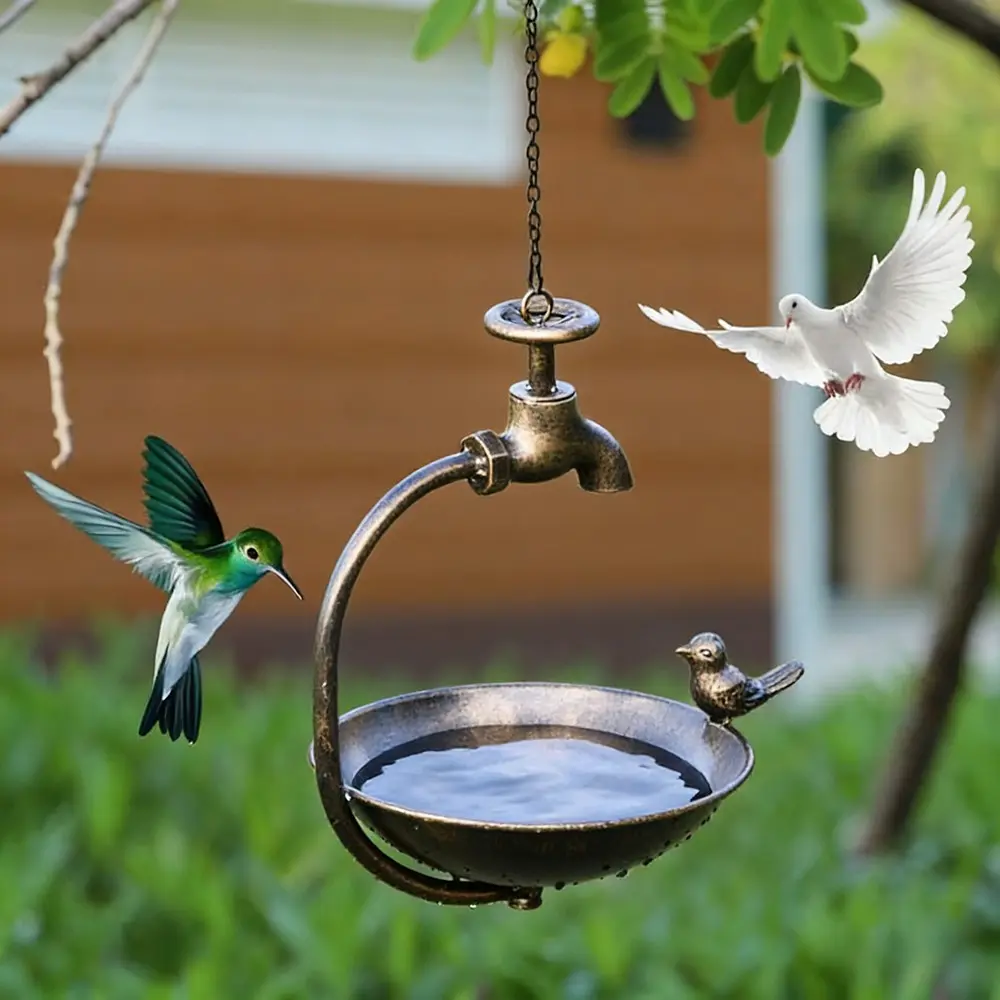 Vintage Style Hanging Bird Feeder, Hummingbird Bath Basin, Metal Faucet Design, Multi-Functional Bath, Outdoor Garden Decor, Gift for Bird Lovers