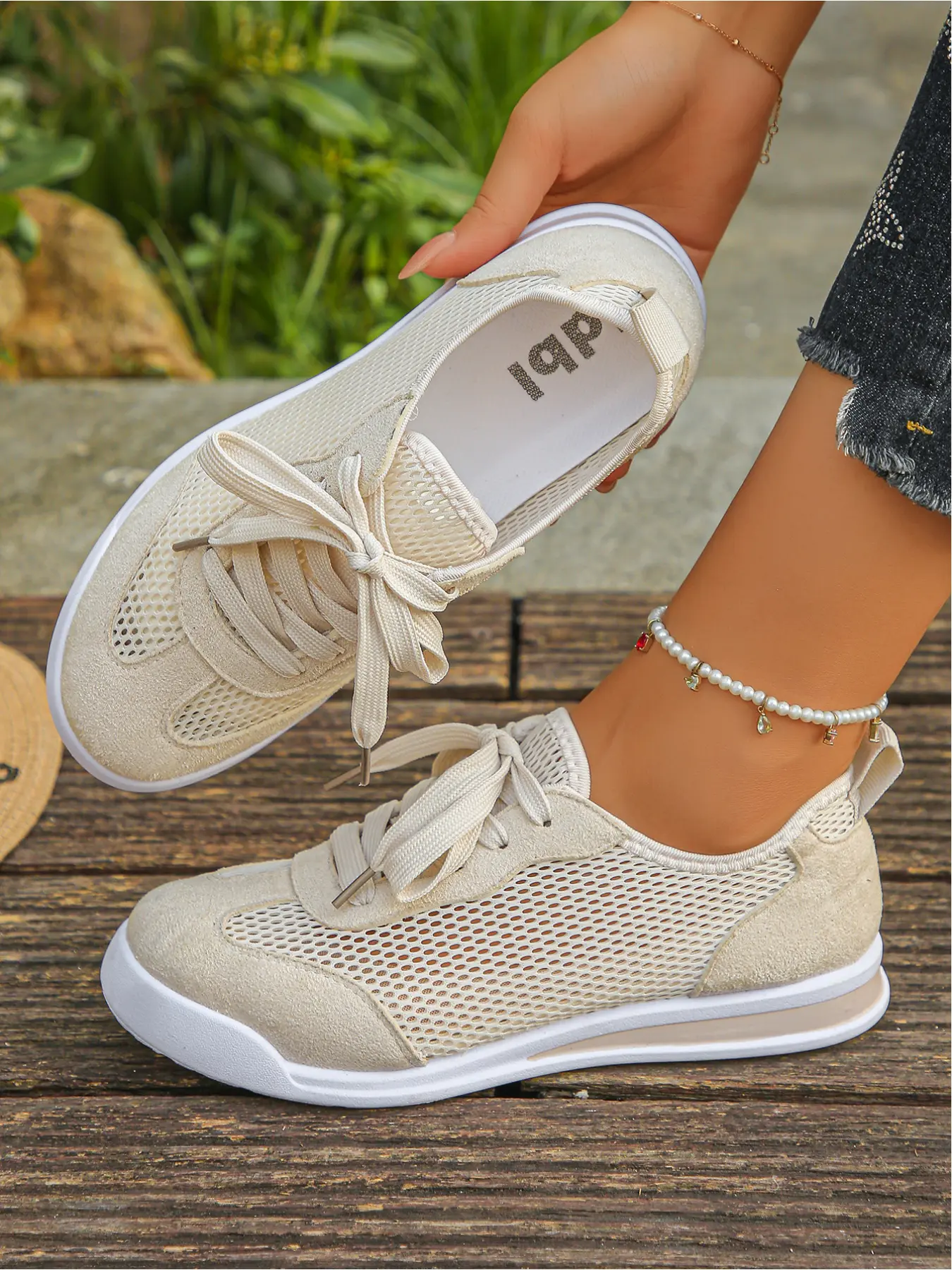 Nude Beige Soft Mesh Panel Trainers, Gentle Neutral Shade, Slim Foot Sneakers For Petite Girls Matching Cropped Pants