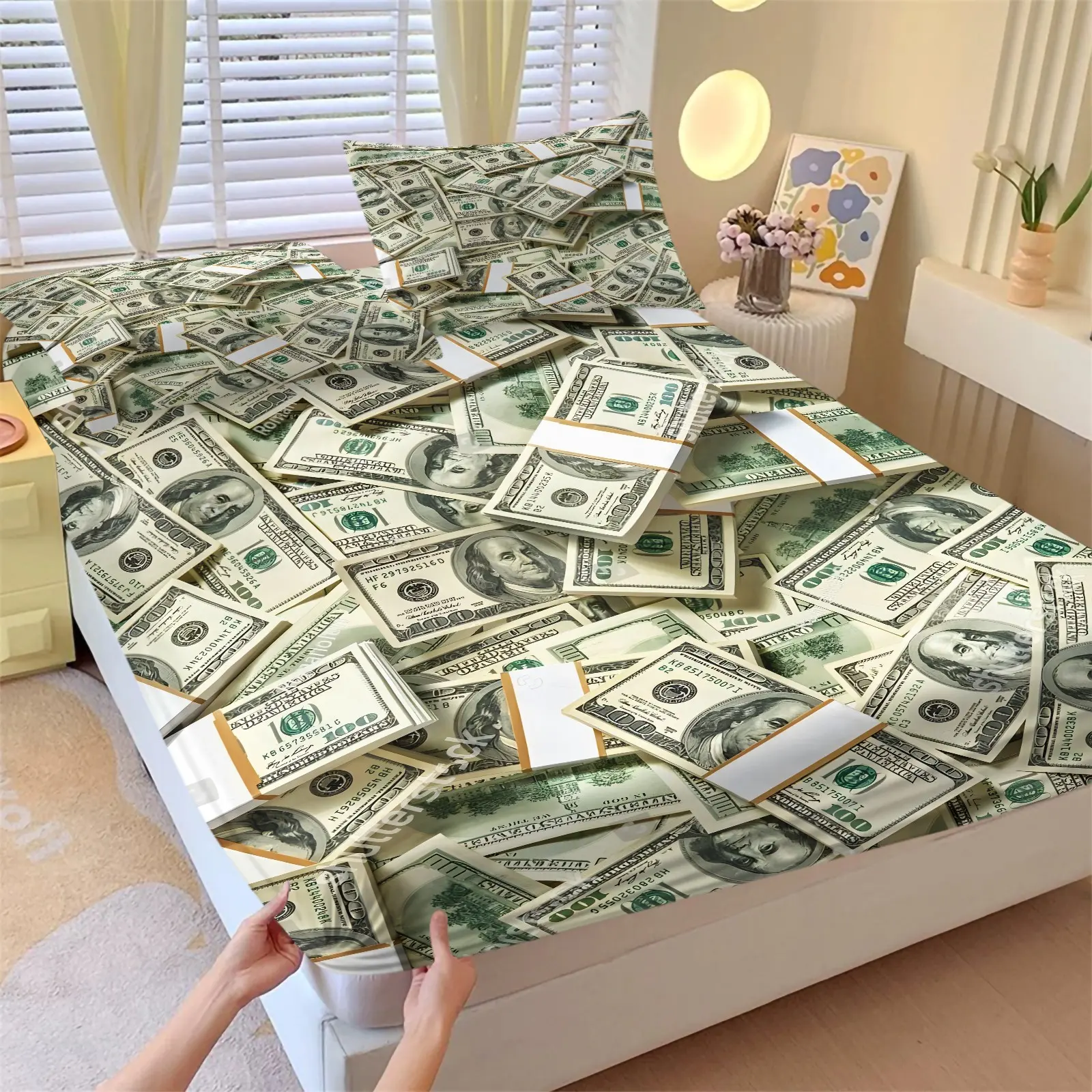 3-Piece Stacked Hundred Dollar Bill Pattern Fitted Sheet Set, Funny Wealth Money Green Cash Bedding Set, Rich Hustle Entrepreneur Bedroom Decor, Breathable Sheets, Humorous Gift for Business & Money Lovers(1 Fitted Sheet + 2 pillowcase)