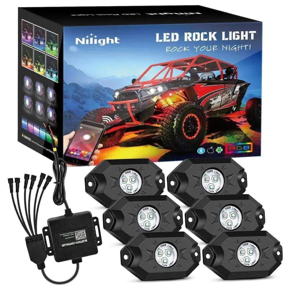 Nilight 6-Pod LED RGB Rock Lights, Bluetooth Underglow Multicolor Neon LED Lights for Car, Buggy, Raptor, Motorbike, 10-14W Decorative Automotive Lighting