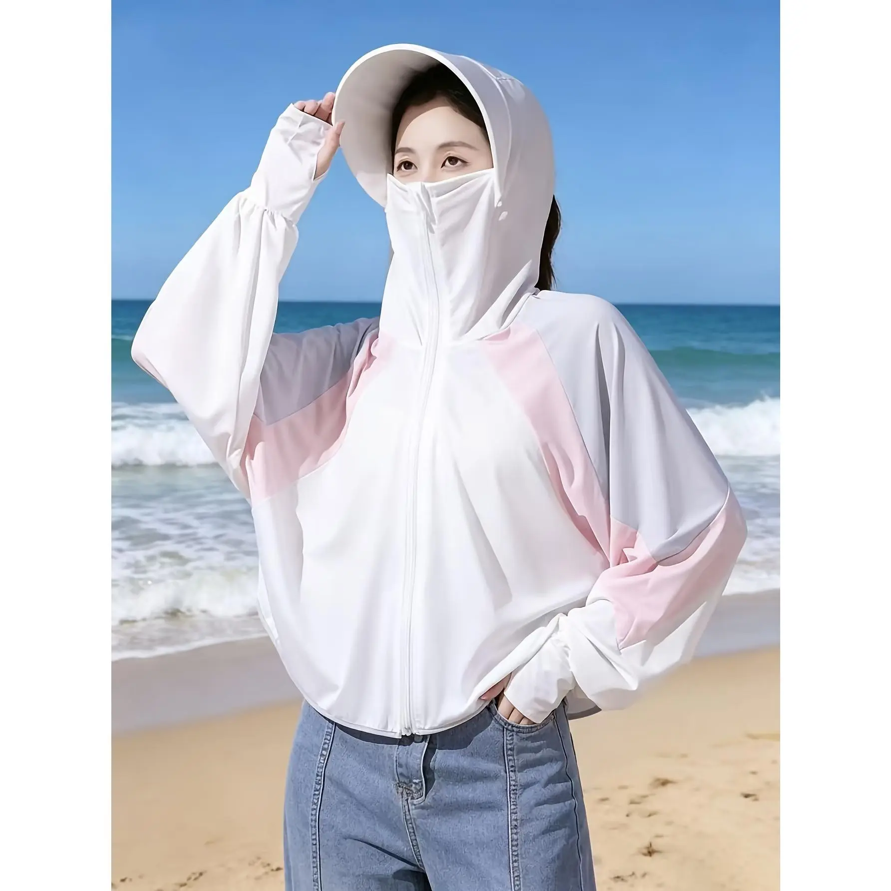 Summer Lightweight Breathable Color Block Hooded Open Front Cape Shawl, Multi-Functional Versatile Sun Cover Up Jacket for Beach Vacation Cycling Driving Hiking Sports Outdoor, Elegant Fashion Women Outfit, Ideal Holiday Gift