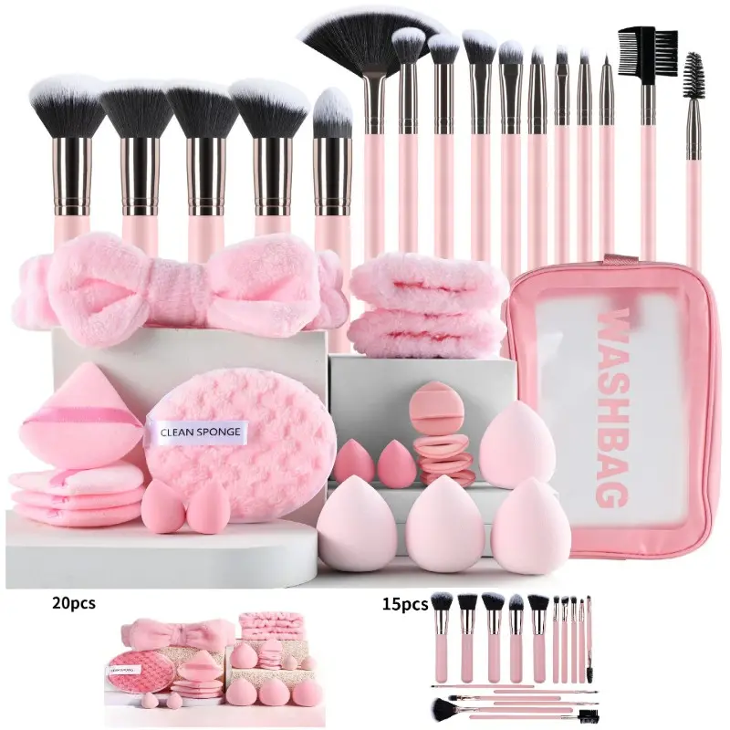 Full Makeup Tool Set with Travel Bag, Hair Ties, Beauty Sponge, Powder Puff, Soft Synthetic Fibre Bristles, Wooden Handle, Makeup Brush Set, Cosmetic Brush Set, Makeup Accessories, Makeup Tool Kit, Beauty Equipment, Cosmetics Makeup Tools