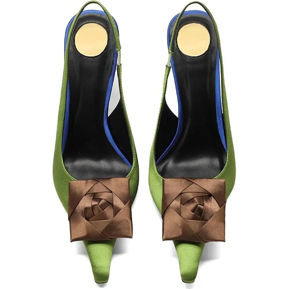 Women's Satin Elegant Square Rose Flower Slingback Pumps - Closed Pointed Toe, 4.3" Stiletto High Heels, Elastic Strap Footwear for Party, Evening Events