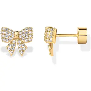 Gold Plated Dainty Flat Back Earrings for Women - Hypoallergenic Sterling Silver Posts Helix Cartilage Piercing Jewelry - Emoji Motif Bow Celestial Flatback Gold Stud Earrings Screw Back