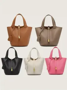 2026 New Soft PU Leather Fashionable Bucket Bag, Lychee Texture Tote, Detachable Strap, Snap Closure, Elegant Minimalist Handbag, Perfect for Daily Use, Gift Idea